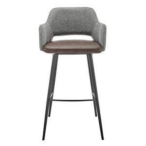 Desi Swivel Bar Stool in Gray Fabric and Light Brown Leatherette with Black Base