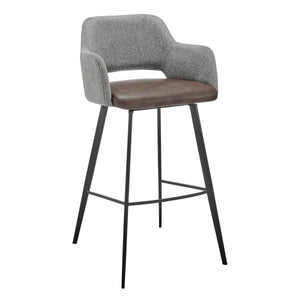 Desi Swivel Bar Stool in Gray Fabric and Light Brown Leatherette with Black Base