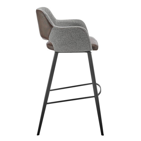 Desi Swivel Bar Stool in Gray Fabric and Light Brown Leatherette with Black Base