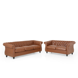 Silverdale Traditional Chesterfield 2 Piece Living Room Set, Cognac Brown and Dark Brown Noble House