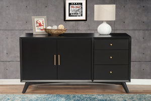 Alpine Furniture Flynn Sideboard, Black 966BLK-64 Black Mahogany Solids & Okoume Veneer 58 x 19 x 30