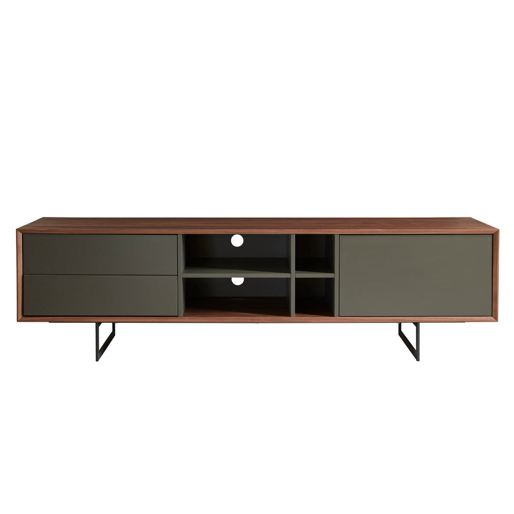 Anderson 71" Media Stand in Walnut and Dark Gray with Black Steel Base