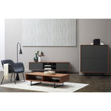 Anderson 71" Media Stand in Walnut and Dark Gray with Black Steel Base