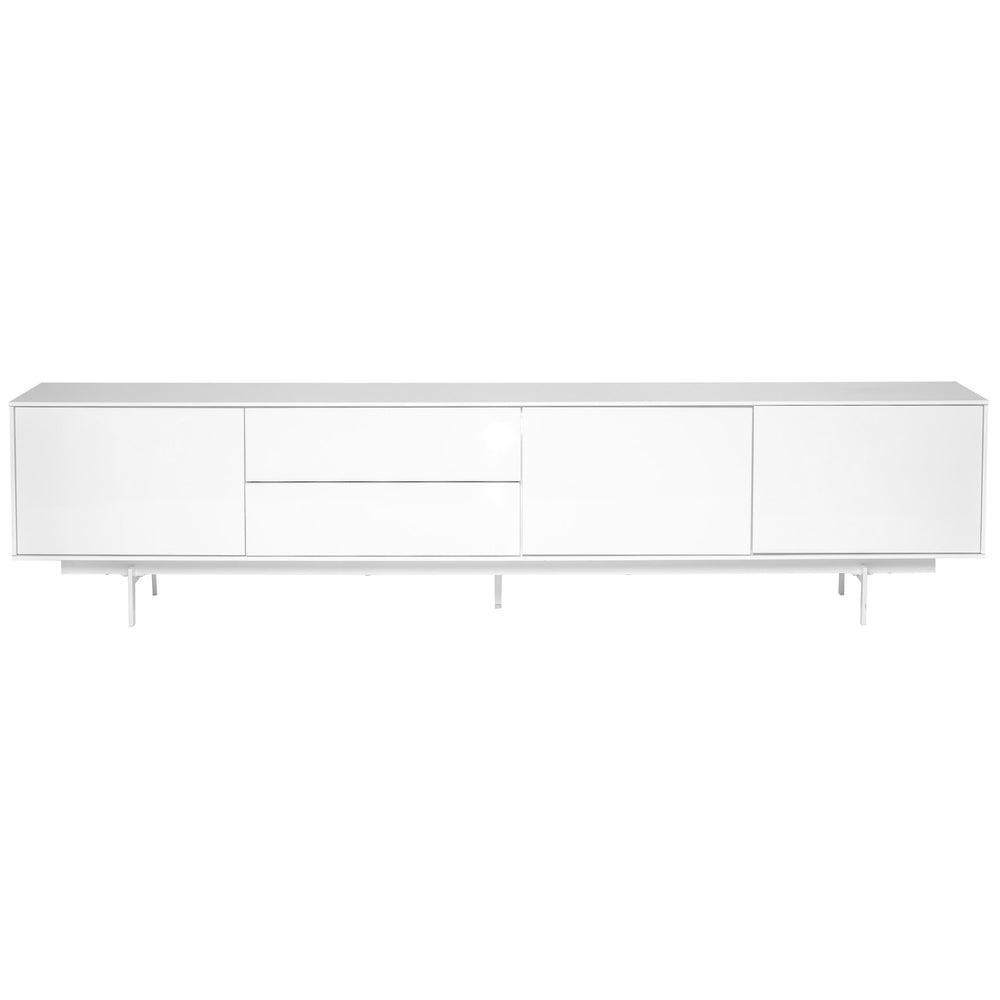Birmingham 82" Media Stand in High Gloss White Lacquer with White Steel Base