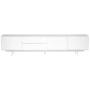 Birmingham 82" Media Stand in High Gloss White Lacquer with White Steel Base