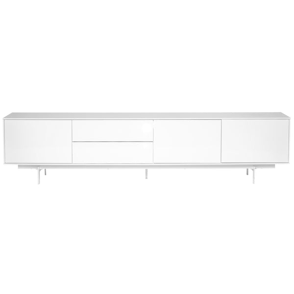 Birmingham 82" Media Stand in High Gloss White Lacquer with White Steel Base
