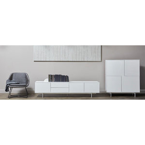 Birmingham 82" Media Stand in High Gloss White Lacquer with White Steel Base