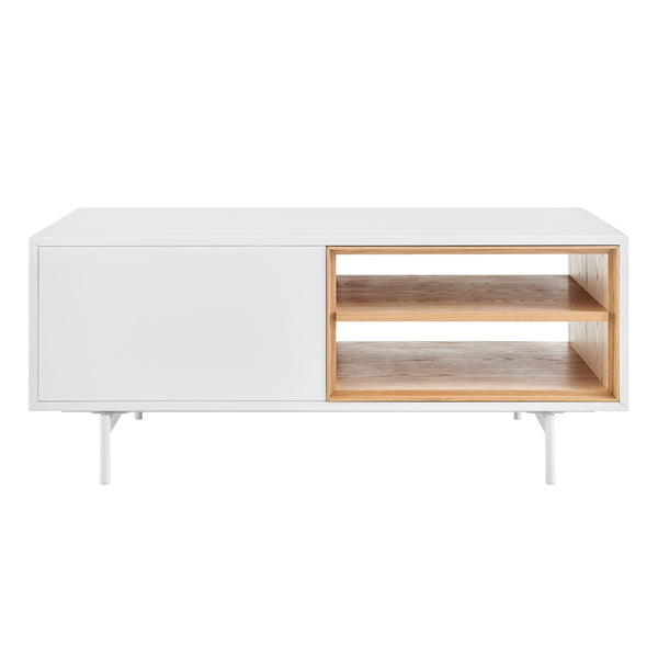 Bodie 48" Coffee Table with Open Storage in Oak, Doors and Legs in Matte White