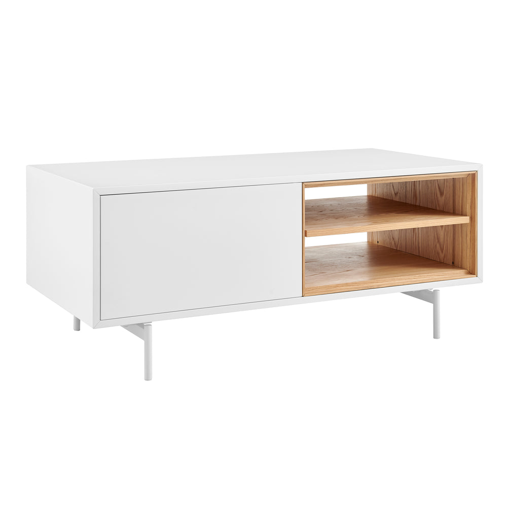 Bodie 48" Coffee Table with Open Storage in Oak, Doors and Legs in Matte White