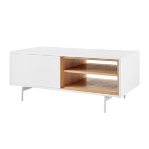 Bodie 48" Coffee Table with Open Storage in Oak, Doors and Legs in Matte White