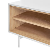 Bodie 48" Coffee Table with Open Storage in Oak, Doors and Legs in Matte White