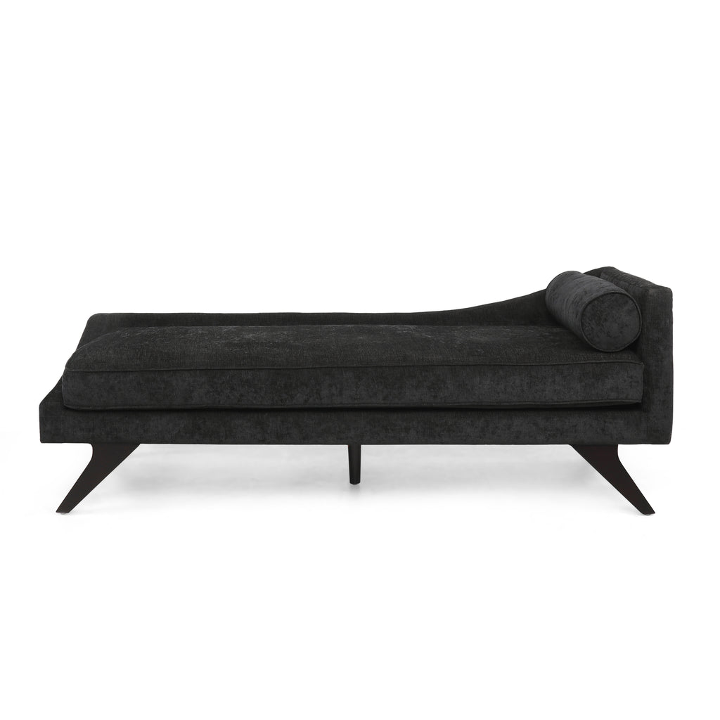 Cagle Mid-Century Modern Fabric Chaise Lounge, Black and Dark Brown Noble House