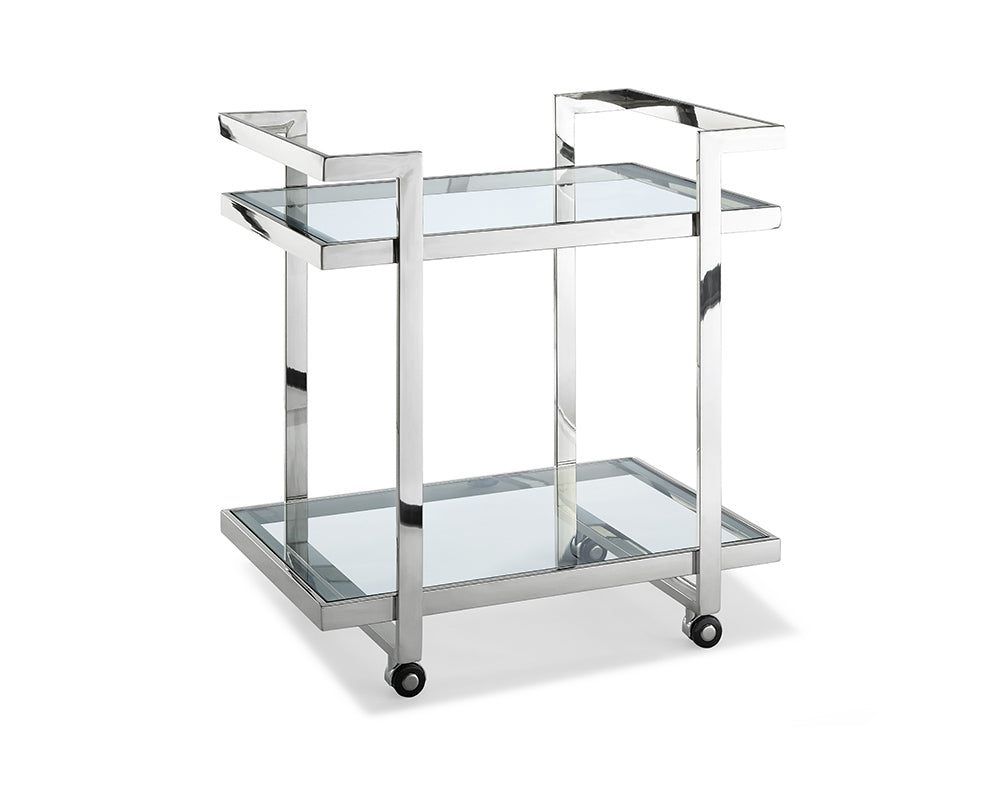 Side Table or Bar Cart Clear Glass Stainless Steel Base On Castors