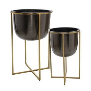 Sagebrook Home Glam Set of 2 -  Metal 25/21" Planter W/ Stand, Gunmetal/gold 15163 Gold Metal