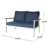Sinclair Outdoor 4 Piece Aluminum and Faux Wood Chat Set with Cushions, White and Navy Blue Noble House