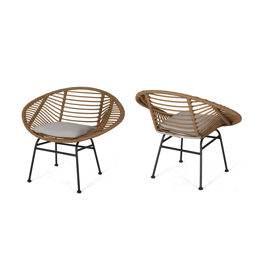 Noble House San Antonio Outdoor Woven Faux Rattan Chairs with Cushions (Set of 2), Light Brown and Beige