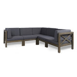 Brava Outdoor Acacia Wood 5 Seater Sectional Sofa Set with Water-Resistant Cushions, Gray and Dark Gray Noble House