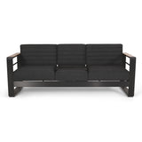 Giovanna Outdoor Aluminum 3 Seater Sofa with Water Resistant Cushions, Black, Natural, and Dark Gray Noble House