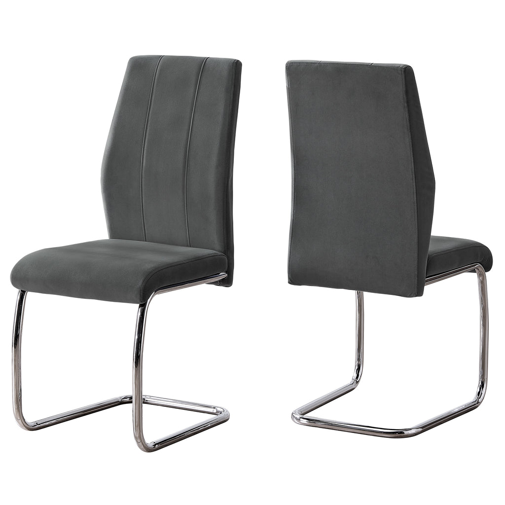 Two 77.5" Dark Grey Velvet Chrome Metal and Foam Dining Chairs
