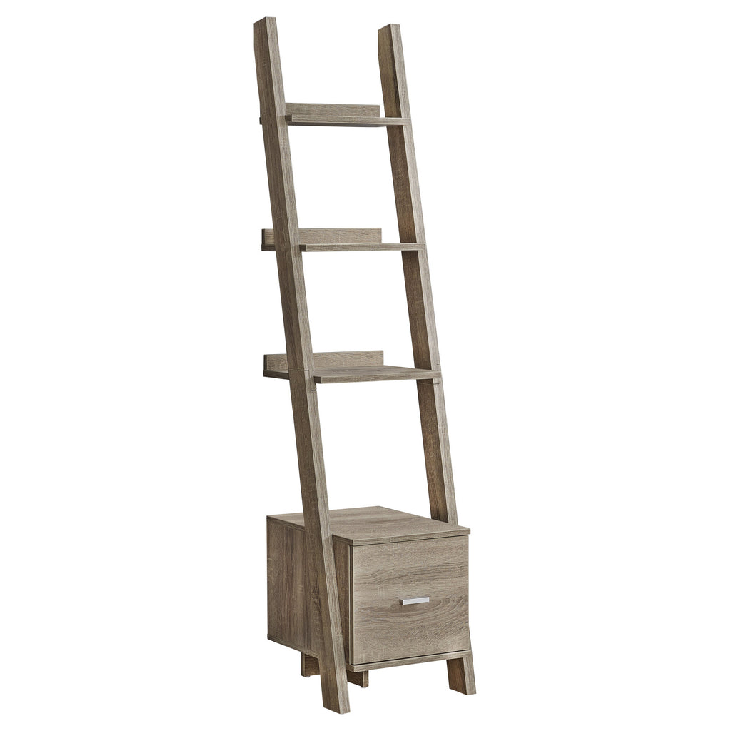 69" Dark Taupe Particle Board Ladder Bookcase with a Storage Drawer