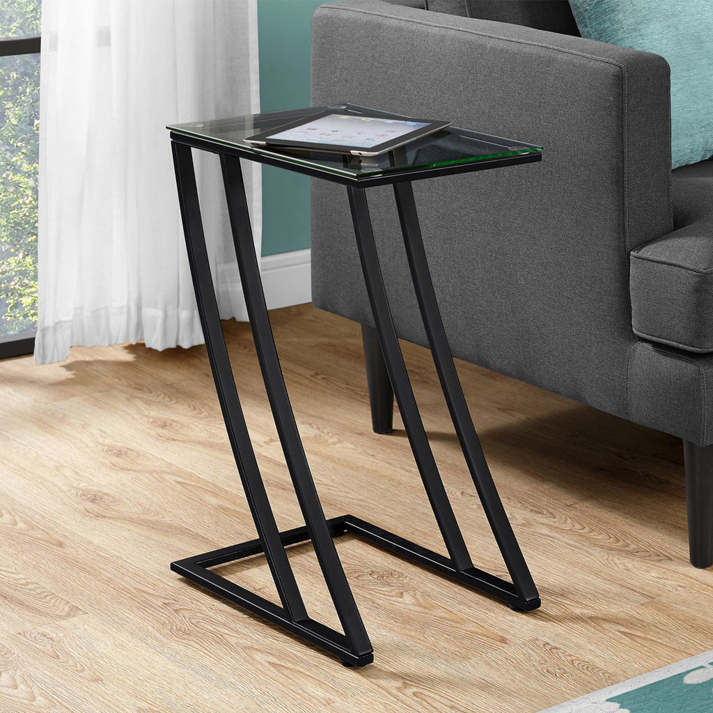 15.75" x 12" x 24" Black Clear Metal Tempered Glass Accent Table