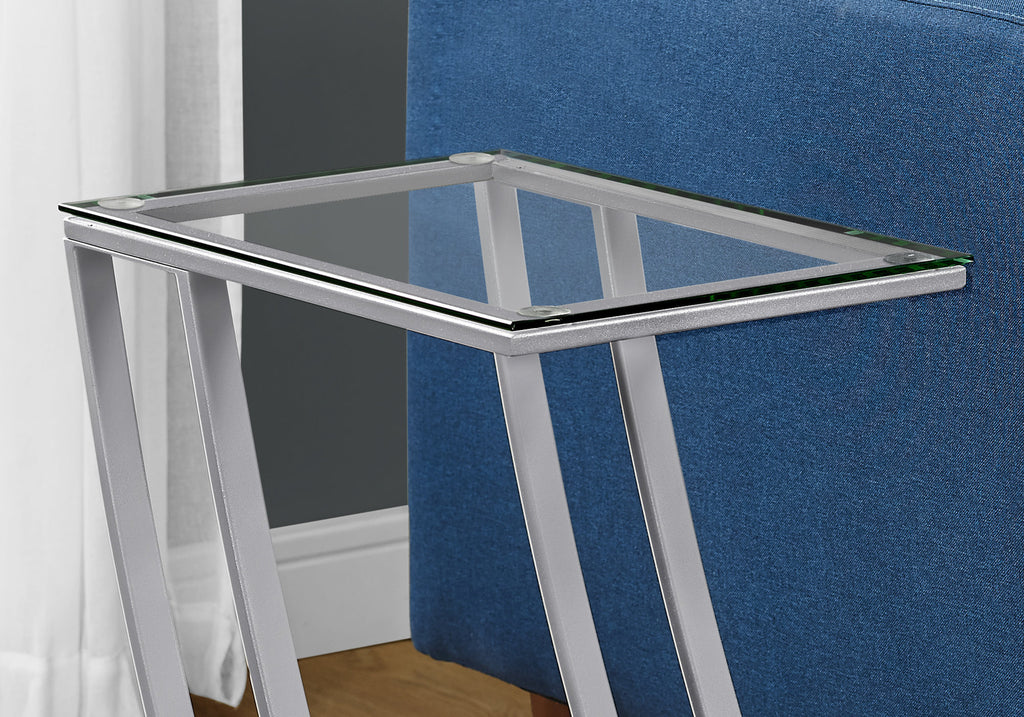 15.75" x 12" x 24" Silver Clear Metal Tempered Glass Accent Table