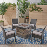 Cordoba Patio Fire Pit Set, 4-Seater with Club Chairs, Wicker with Outdoor Cushions, Gray, Light Gray, Stone Finish Noble House