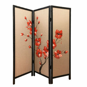 HomeRoots 60 X 1 X 63 Brown Fabric And Wood Blooming  3 Panel Screen 342765-HOMEROOTS 342765