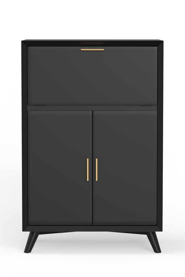 Alpine Furniture Flynn Large Bar Cabinet w/Drop Down Tray, Black 966BLK-16 Black Mahogany Solids & Veneer 32 x 19 x 51