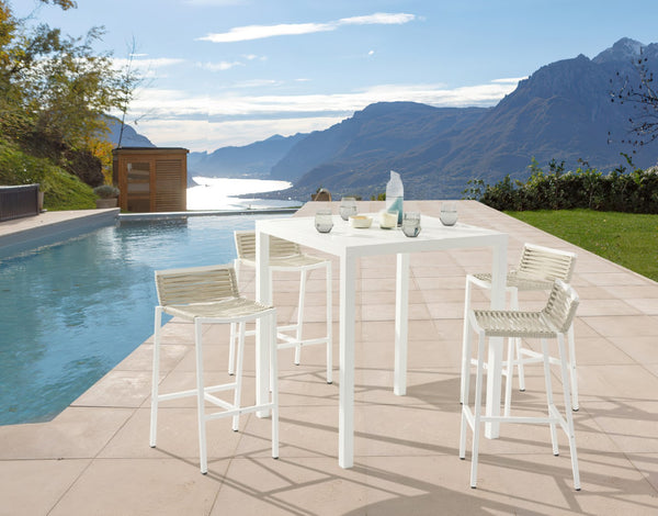 Maldives Rope Fabric / Aluminum Contemporary Cream Rope Fabric Outdoor Patio Barstool - 18" W x 18.5" D x 33.5" H