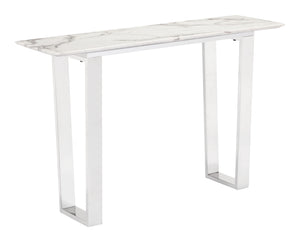 Zuo Modern Atlas Composite Stone, Stainless Steel Modern Commercial Grade Console Table White, Silver Composite Stone, Stainless Steel