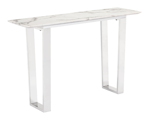 Zuo Modern Atlas Composite Stone, Stainless Steel Modern Commercial Grade Console Table White, Silver Composite Stone, Stainless Steel