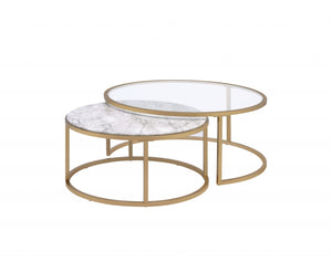 36' X 36' X 16' Faux Marble Gold Metal Engineered Wood 2Pc Pk Nesting Table Set