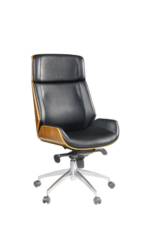 26' X 23' X 49' Black Bonded Leather and Bentwood Frame Executive Office Chair with Solid Chrome Base and Caster Wheels
