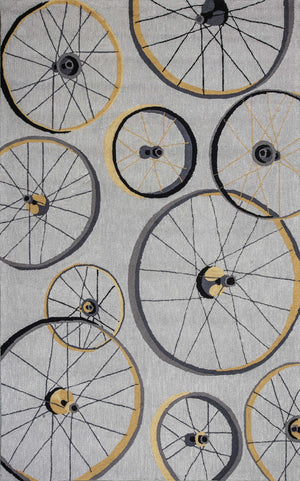 8'x10' Grey Hand Hooked Wheels Indoor Area Rug