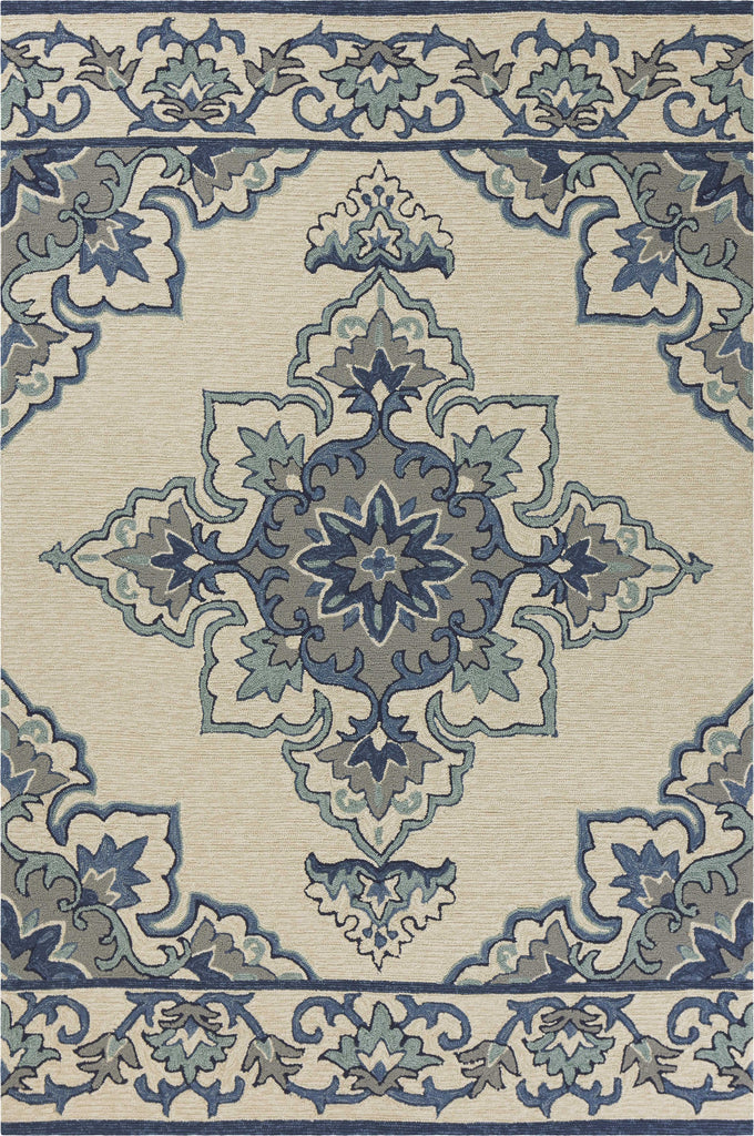 8'x10' Ivory Blue Hand Hooked UV Treated Floral Medallion Indoor Outdoor Area Rug