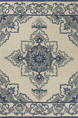 8'x10' Ivory Blue Hand Hooked UV Treated Floral Medallion Indoor Outdoor Area Rug