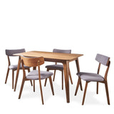 Megann Mid Century Natural Walnut Finished 5 Piece Wood Dining Set with Dark Grey Fabric Chairs