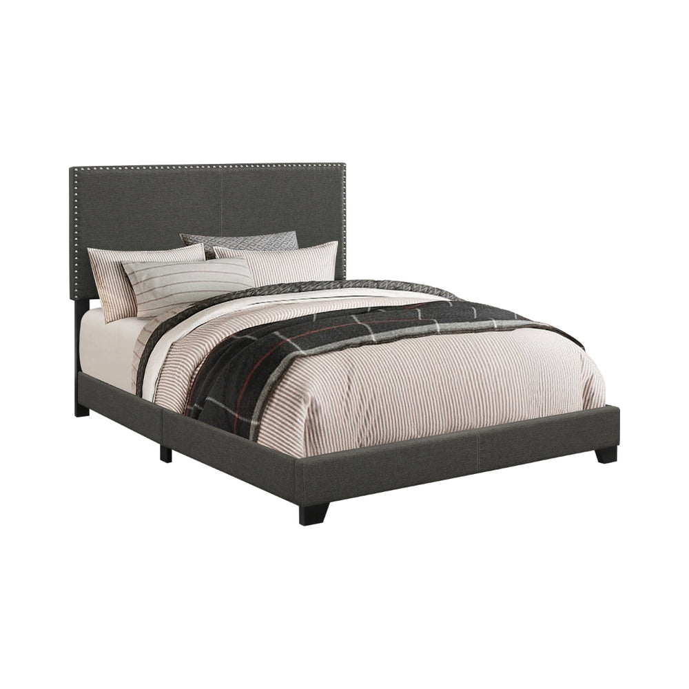 Boyd Upholstered Bed Frame with Chic Nailhead Trim and Solid Black Wood Legs for Modern Style