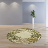 8' Ivory Hand Tufted Bordered Tropical Leaves Round Indoor Area Rug