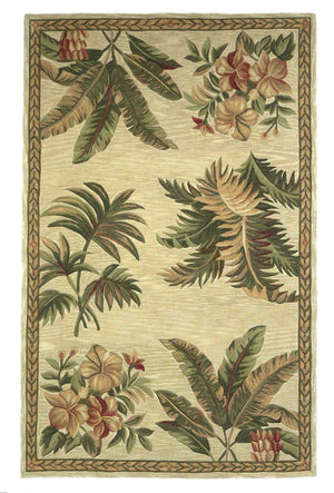8'x10' Ivory Hand Tufted Bordered Tropical Plants Indoor