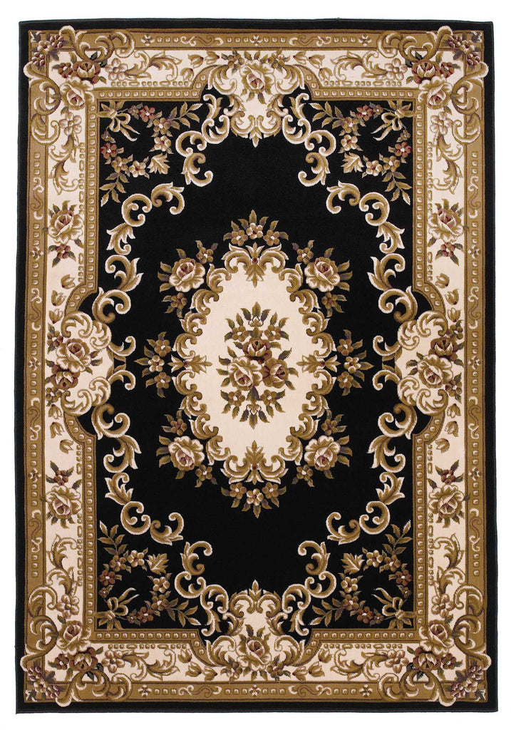 10'x13' Black Ivory Machine Woven Hand Carved Floral Medallion Indoor Area Rug