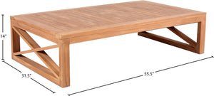 Anguilla Teak Wood Contemporary Natural Teak Outdoor Coffee Table - 55.5" W x 31.5" D x 14" H