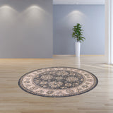 8' Grey Ivory Floral Round Indoor Area Rug