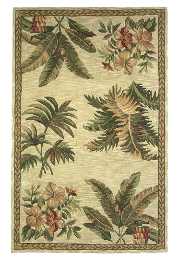 4'x6' Ivory Hand Tufted Bordered Tropical Plants Indoor