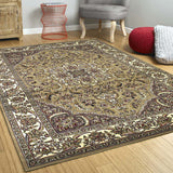 Beige Ivory Machine Woven Traditional Medallion Octagon Indoor Area Rug