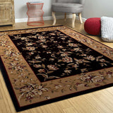 Black Beige Machine Woven Traditional Floral Octagon Indoor Area Rug