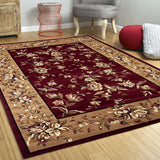 Red Beige Machine Woven Traditional Floral Octagon Indoor Area Rug