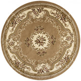 8' Beige Ivory Machine Woven Hand Carved Floral Medallion Round Indoor Area Rug