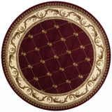 7' Round Burgundy Diamond Fleur de Lis Bordered Indoor Area Rug